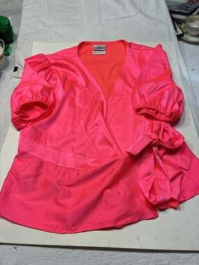 Vone Neon Pink Satin Puff Sleeve Wrap Blouse